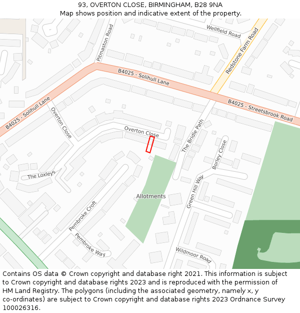 93, OVERTON CLOSE, BIRMINGHAM, B28 9NA: Location map and indicative extent of plot