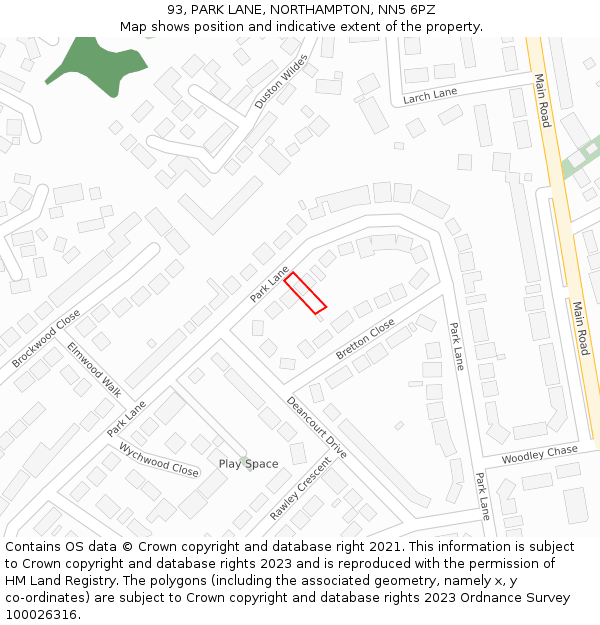 93, PARK LANE, NORTHAMPTON, NN5 6PZ: Location map and indicative extent of plot