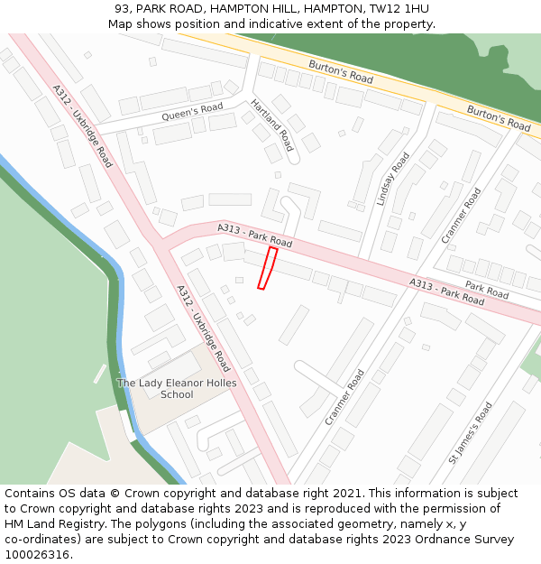 93, PARK ROAD, HAMPTON HILL, HAMPTON, TW12 1HU: Location map and indicative extent of plot