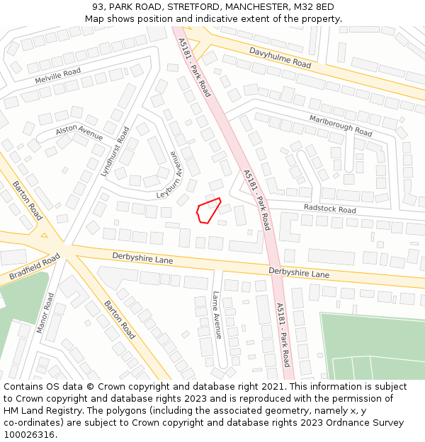 93, PARK ROAD, STRETFORD, MANCHESTER, M32 8ED: Location map and indicative extent of plot