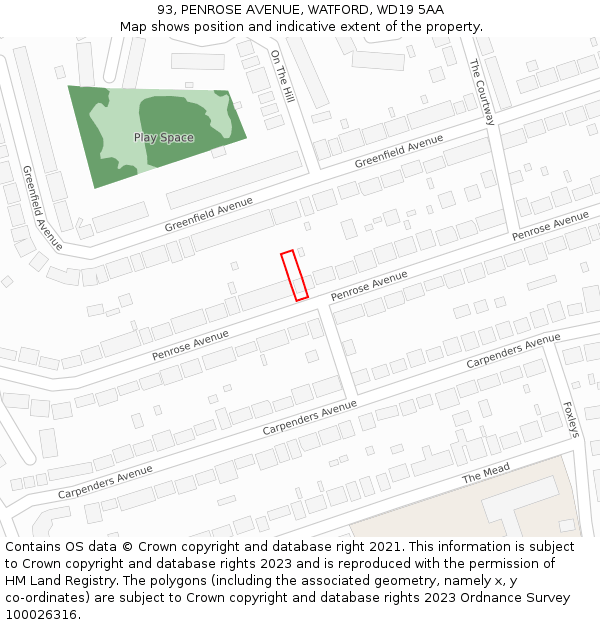 93, PENROSE AVENUE, WATFORD, WD19 5AA: Location map and indicative extent of plot