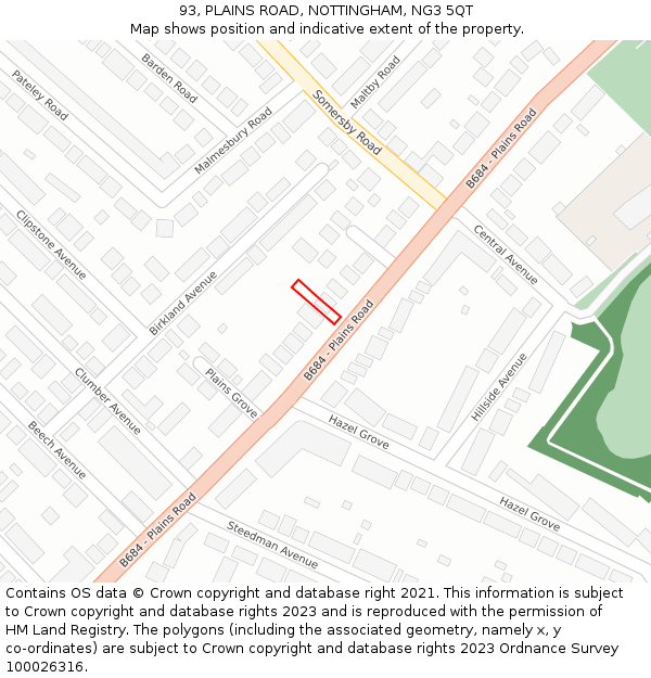 93, PLAINS ROAD, NOTTINGHAM, NG3 5QT: Location map and indicative extent of plot