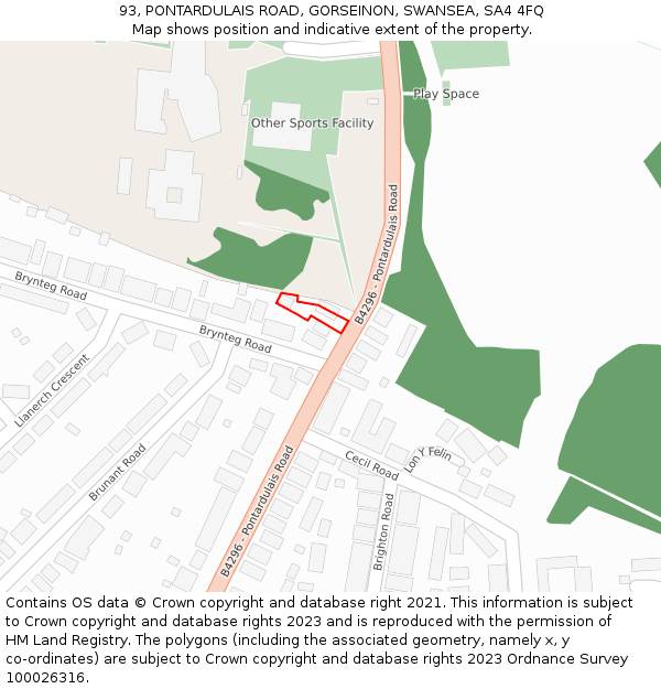 93, PONTARDULAIS ROAD, GORSEINON, SWANSEA, SA4 4FQ: Location map and indicative extent of plot