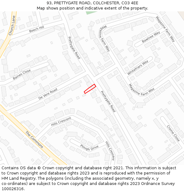 93, PRETTYGATE ROAD, COLCHESTER, CO3 4EE: Location map and indicative extent of plot