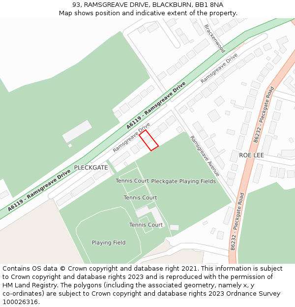 93, RAMSGREAVE DRIVE, BLACKBURN, BB1 8NA: Location map and indicative extent of plot