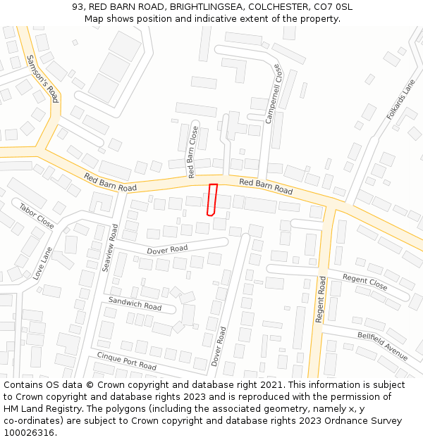 93, RED BARN ROAD, BRIGHTLINGSEA, COLCHESTER, CO7 0SL: Location map and indicative extent of plot