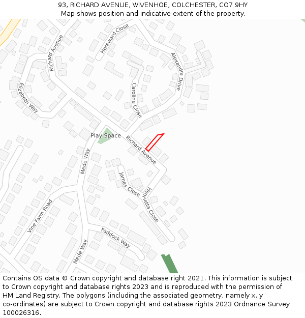 93, RICHARD AVENUE, WIVENHOE, COLCHESTER, CO7 9HY: Location map and indicative extent of plot