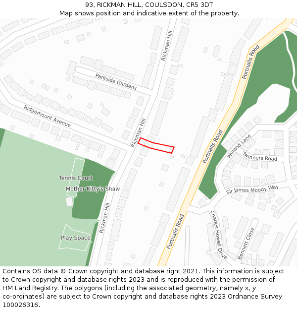 93, RICKMAN HILL, COULSDON, CR5 3DT: Location map and indicative extent of plot