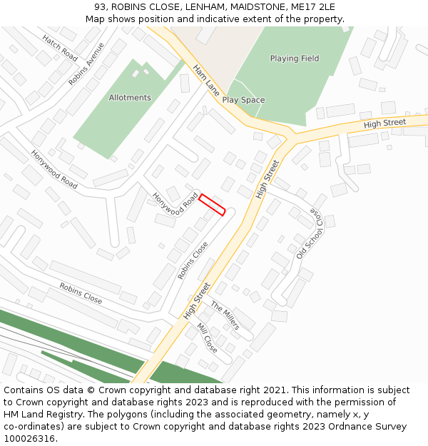 93, ROBINS CLOSE, LENHAM, MAIDSTONE, ME17 2LE: Location map and indicative extent of plot