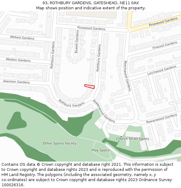 93, ROTHBURY GARDENS, GATESHEAD, NE11 0AX: Location map and indicative extent of plot