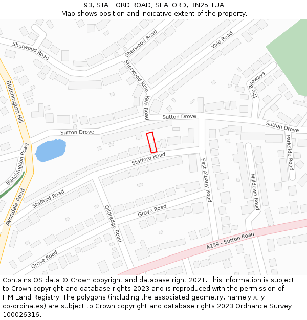 93, STAFFORD ROAD, SEAFORD, BN25 1UA: Location map and indicative extent of plot