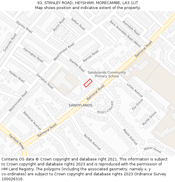 93, STANLEY ROAD, HEYSHAM, MORECAMBE, LA3 1UT: Location map and indicative extent of plot