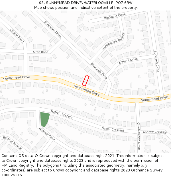 93, SUNNYMEAD DRIVE, WATERLOOVILLE, PO7 6BW: Location map and indicative extent of plot