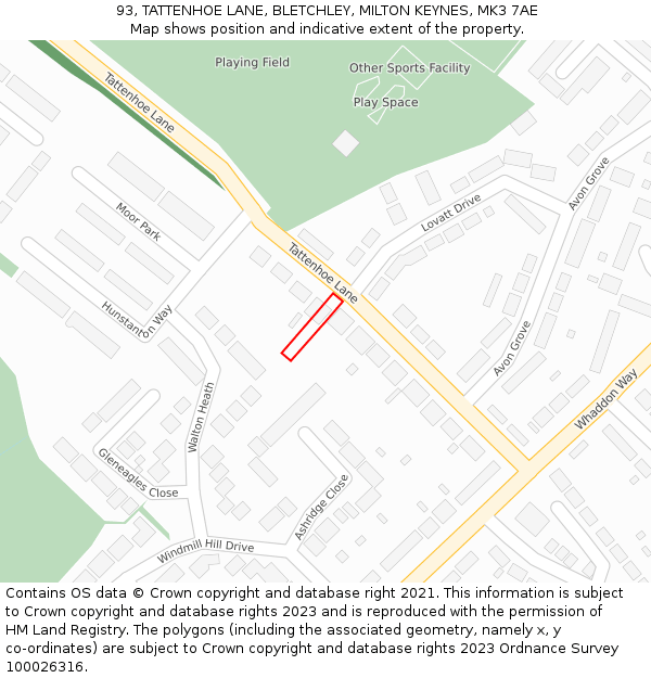 93, TATTENHOE LANE, BLETCHLEY, MILTON KEYNES, MK3 7AE: Location map and indicative extent of plot