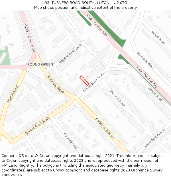 93, TURNERS ROAD SOUTH, LUTON, LU2 0TG: Location map and indicative extent of plot