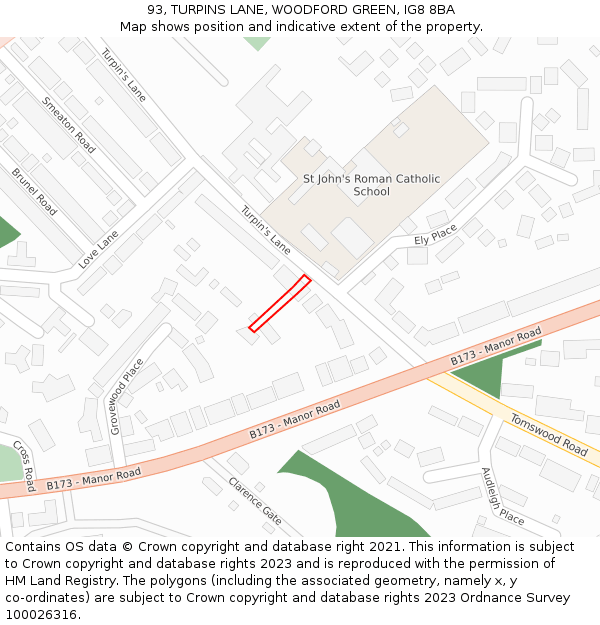 93, TURPINS LANE, WOODFORD GREEN, IG8 8BA: Location map and indicative extent of plot