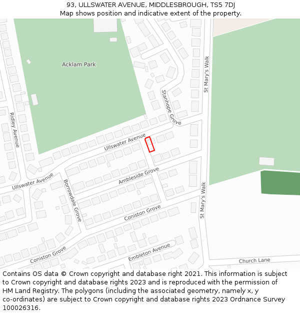 93, ULLSWATER AVENUE, MIDDLESBROUGH, TS5 7DJ: Location map and indicative extent of plot