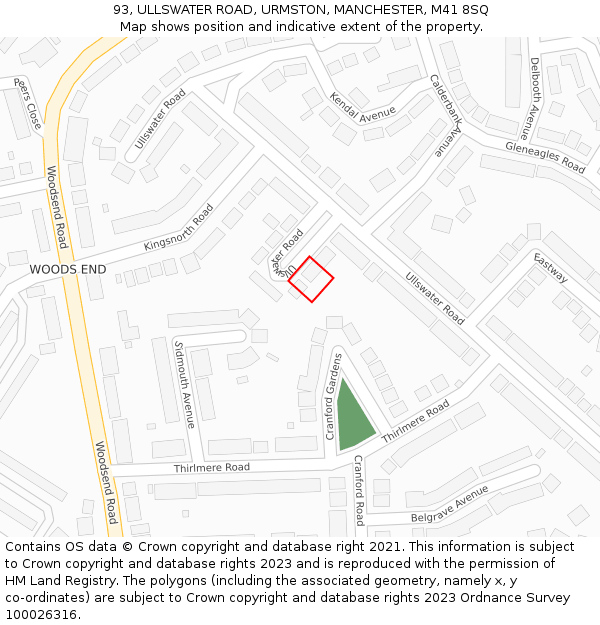 93, ULLSWATER ROAD, URMSTON, MANCHESTER, M41 8SQ: Location map and indicative extent of plot