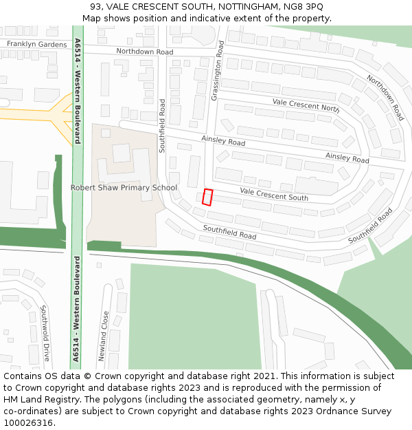 93, VALE CRESCENT SOUTH, NOTTINGHAM, NG8 3PQ: Location map and indicative extent of plot