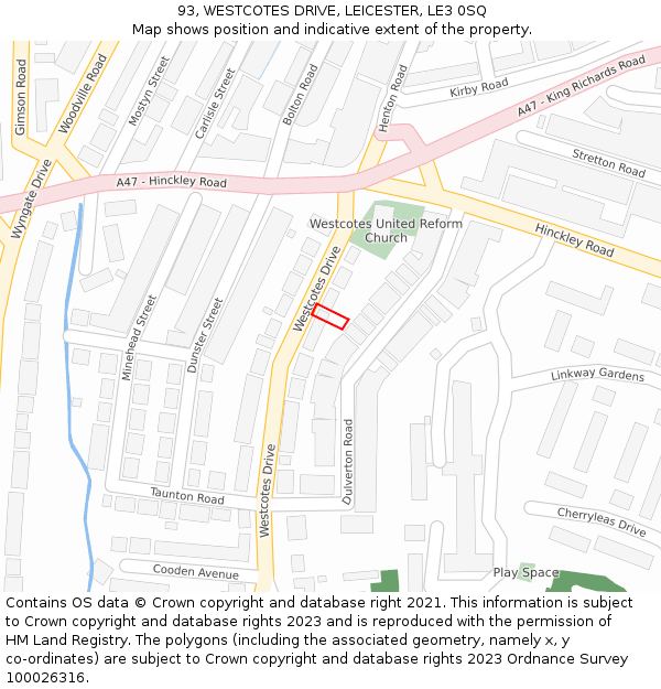 93, WESTCOTES DRIVE, LEICESTER, LE3 0SQ: Location map and indicative extent of plot