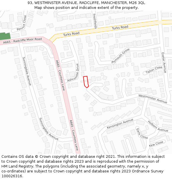 93, WESTMINSTER AVENUE, RADCLIFFE, MANCHESTER, M26 3QL: Location map and indicative extent of plot