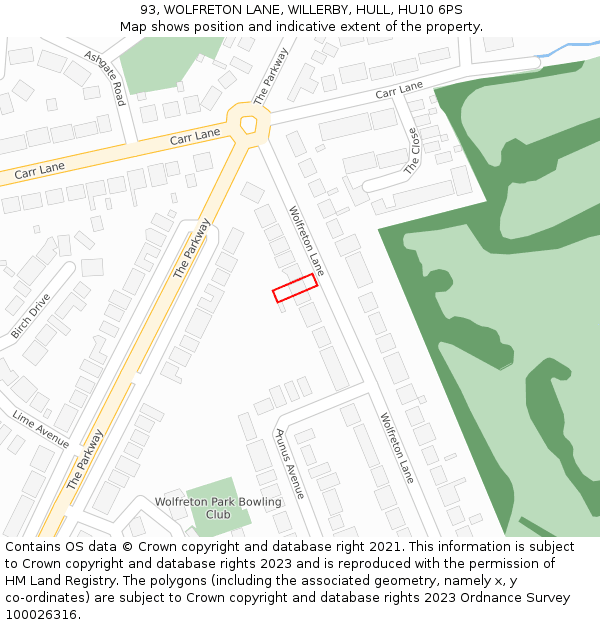 93, WOLFRETON LANE, WILLERBY, HULL, HU10 6PS: Location map and indicative extent of plot