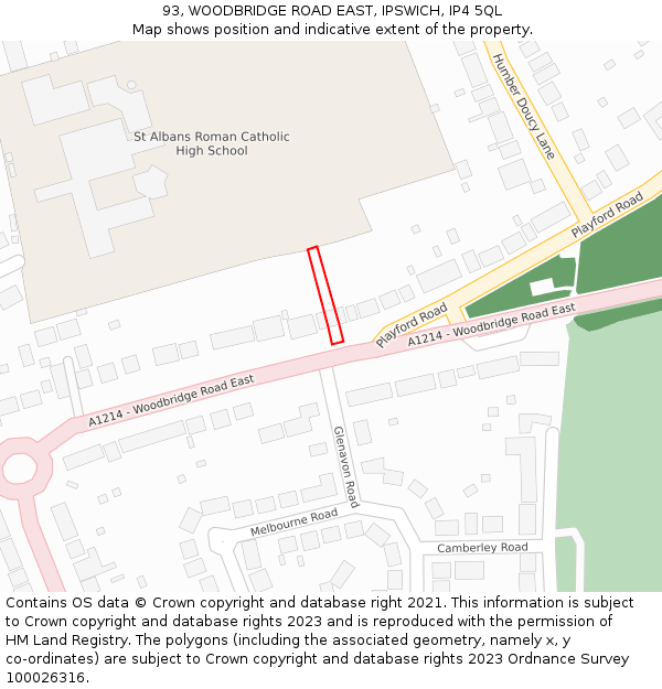 93, WOODBRIDGE ROAD EAST, IPSWICH, IP4 5QL: Location map and indicative extent of plot