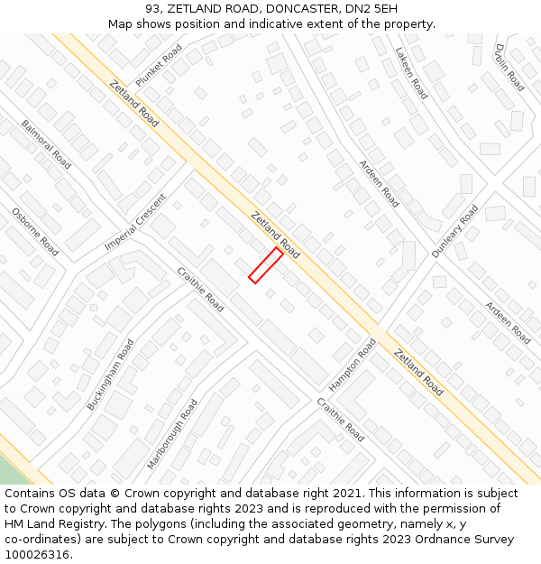 93, ZETLAND ROAD, DONCASTER, DN2 5EH: Location map and indicative extent of plot
