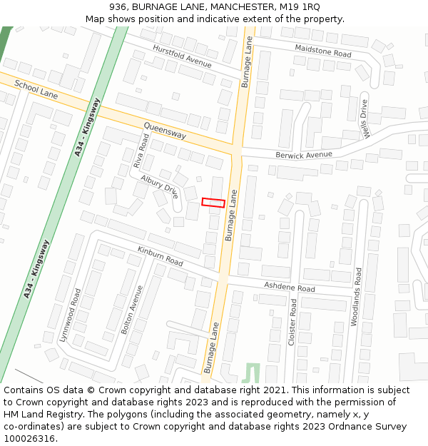 936, BURNAGE LANE, MANCHESTER, M19 1RQ: Location map and indicative extent of plot