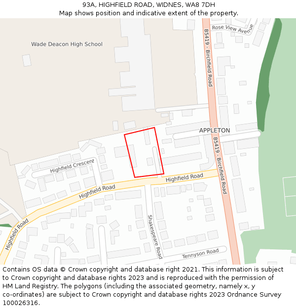 93A, HIGHFIELD ROAD, WIDNES, WA8 7DH: Location map and indicative extent of plot