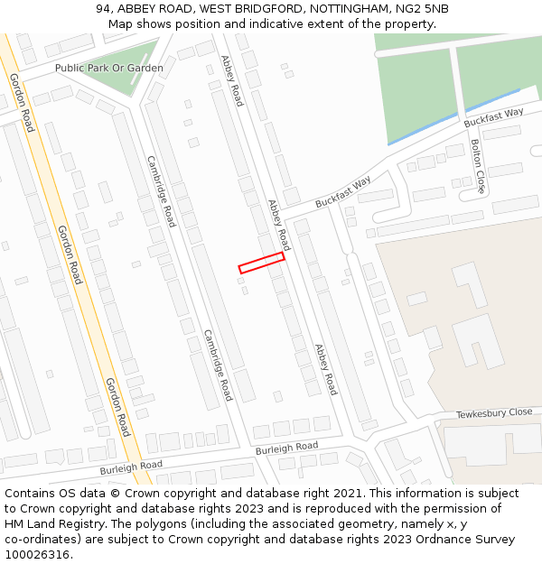 94, ABBEY ROAD, WEST BRIDGFORD, NOTTINGHAM, NG2 5NB: Location map and indicative extent of plot