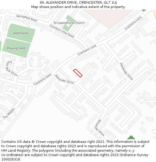 94, ALEXANDER DRIVE, CIRENCESTER, GL7 1UJ: Location map and indicative extent of plot