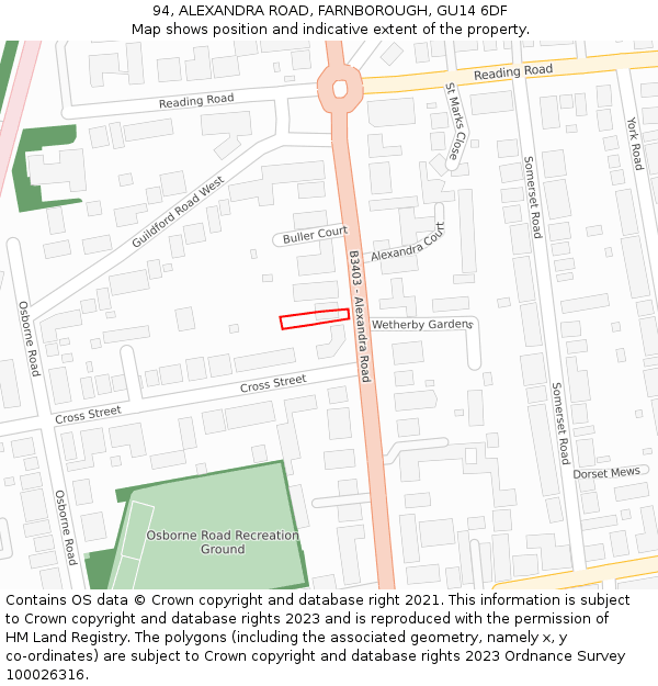 94, ALEXANDRA ROAD, FARNBOROUGH, GU14 6DF: Location map and indicative extent of plot