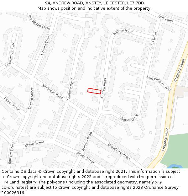 94, ANDREW ROAD, ANSTEY, LEICESTER, LE7 7BB: Location map and indicative extent of plot