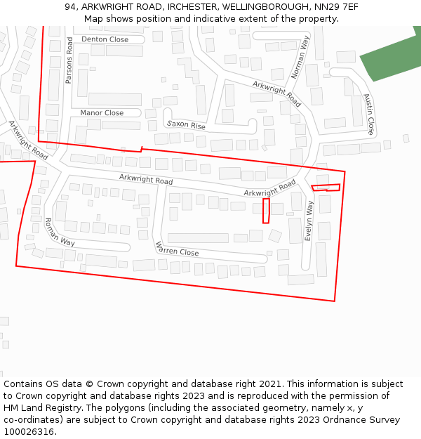 94, ARKWRIGHT ROAD, IRCHESTER, WELLINGBOROUGH, NN29 7EF: Location map and indicative extent of plot