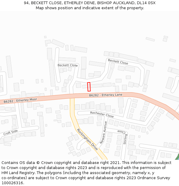 94, BECKETT CLOSE, ETHERLEY DENE, BISHOP AUCKLAND, DL14 0SX: Location map and indicative extent of plot