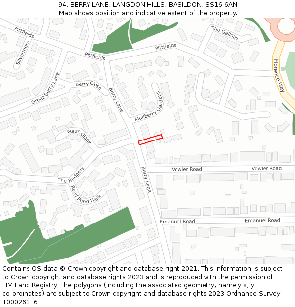 94, BERRY LANE, LANGDON HILLS, BASILDON, SS16 6AN: Location map and indicative extent of plot