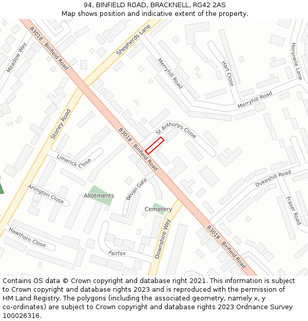 94, BINFIELD ROAD, BRACKNELL, RG42 2AS: Location map and indicative extent of plot