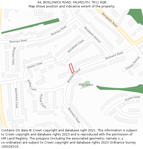 94, BOSLOWICK ROAD, FALMOUTH, TR11 4QB: Location map and indicative extent of plot