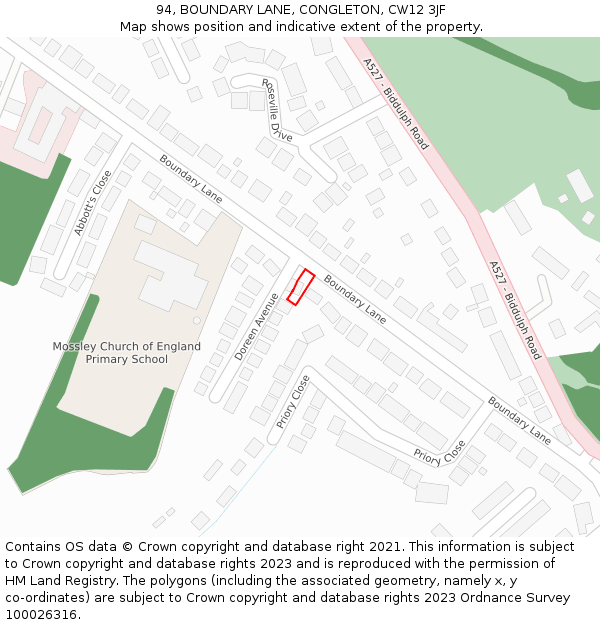 94, BOUNDARY LANE, CONGLETON, CW12 3JF: Location map and indicative extent of plot