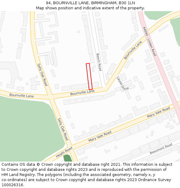 94, BOURNVILLE LANE, BIRMINGHAM, B30 1LN: Location map and indicative extent of plot