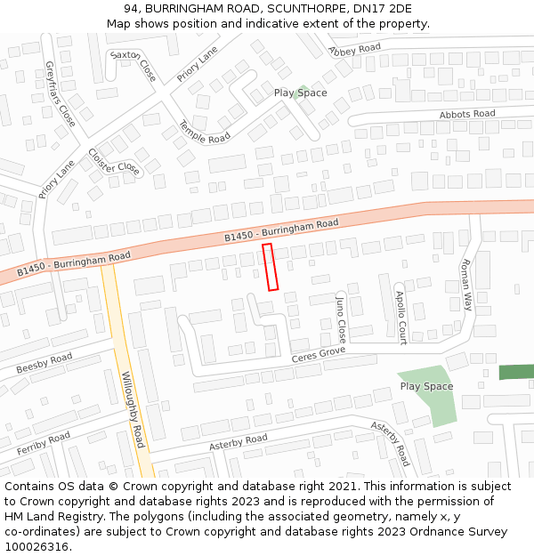 94, BURRINGHAM ROAD, SCUNTHORPE, DN17 2DE: Location map and indicative extent of plot