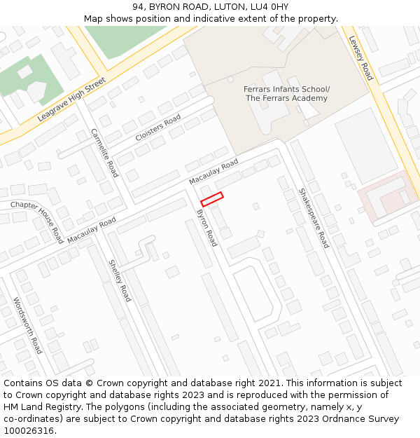 94, BYRON ROAD, LUTON, LU4 0HY: Location map and indicative extent of plot