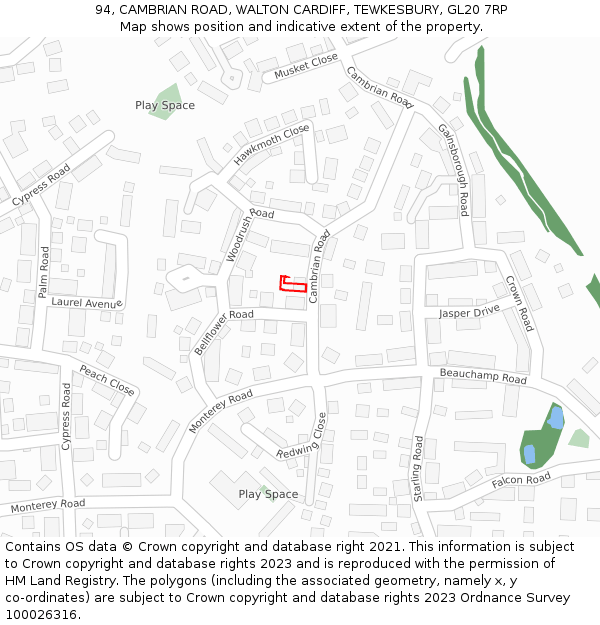 94, CAMBRIAN ROAD, WALTON CARDIFF, TEWKESBURY, GL20 7RP: Location map and indicative extent of plot