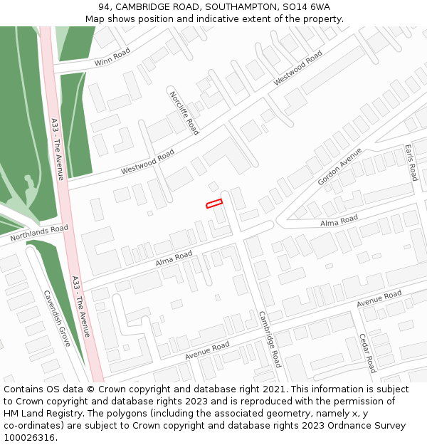 94, CAMBRIDGE ROAD, SOUTHAMPTON, SO14 6WA: Location map and indicative extent of plot