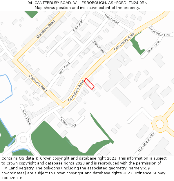 94, CANTERBURY ROAD, WILLESBOROUGH, ASHFORD, TN24 0BN: Location map and indicative extent of plot