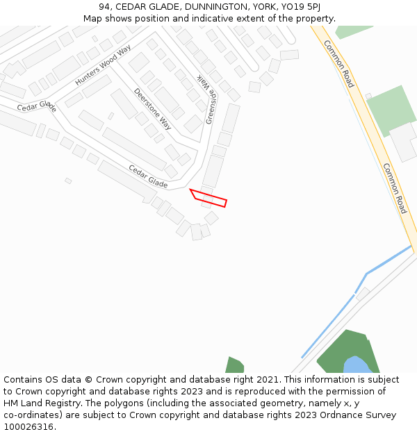 94, CEDAR GLADE, DUNNINGTON, YORK, YO19 5PJ: Location map and indicative extent of plot