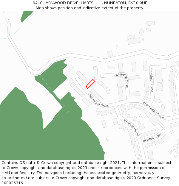 94, CHARNWOOD DRIVE, HARTSHILL, NUNEATON, CV10 0UF: Location map and indicative extent of plot