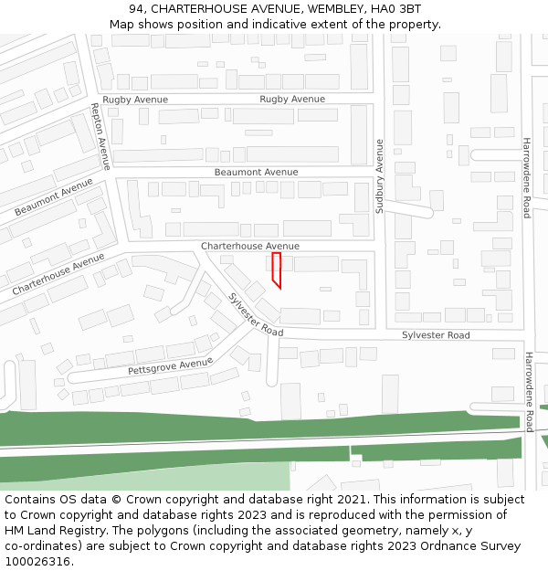 94, CHARTERHOUSE AVENUE, WEMBLEY, HA0 3BT: Location map and indicative extent of plot