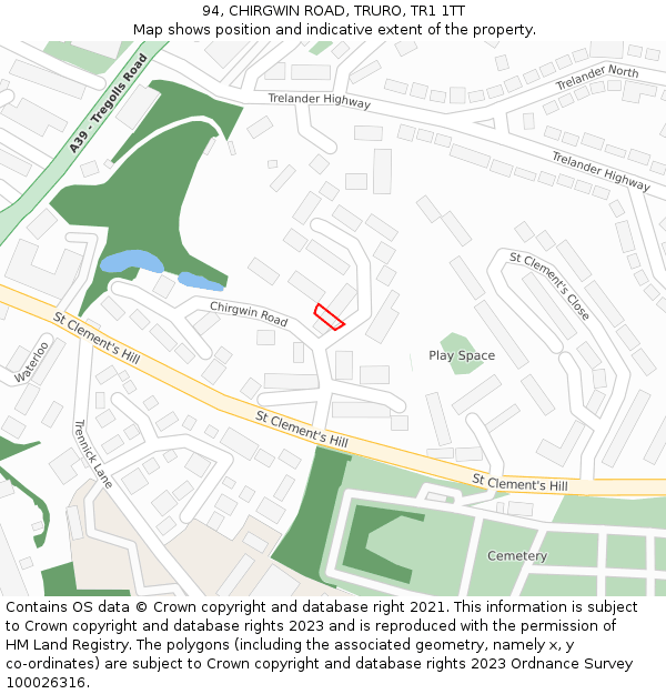 94, CHIRGWIN ROAD, TRURO, TR1 1TT: Location map and indicative extent of plot